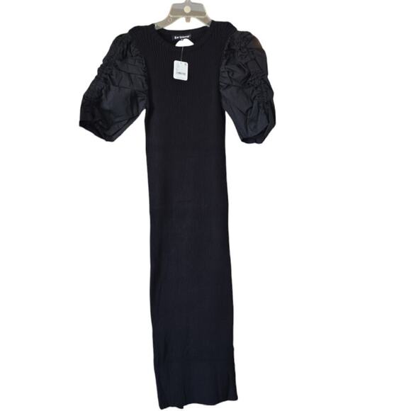 Anthropologie En Saison Fitted Maxime Midi Dress Puff Sleeves Black Size Medium - Picture 5 of 11
